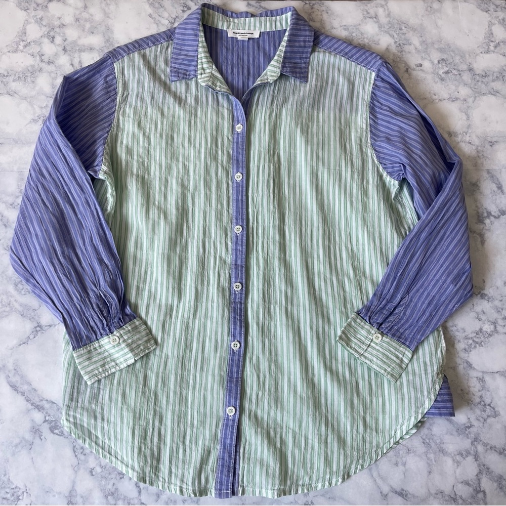 BEACH LUNCH LOUNGE Collection Blue Green Stripe Color Block Shirt Summer Blouse